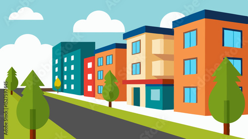 Modern Residential Neighborhood with Mid-Rise Apartment Buildings Vector Illustration Background