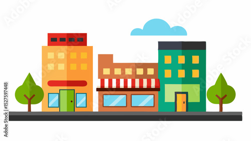 Lively Mixed-Use City Block with Storefronts and Residential Apartments Vector Illustration Background