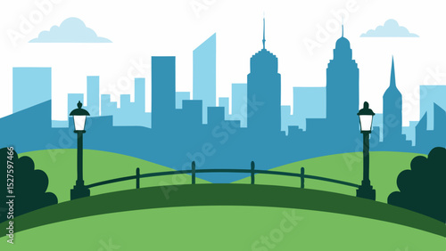 Scenic Metropolitan Skyline View from a Grassy Park with Trees Vector Illustration Background