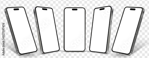 Set of realistic vector smartphone mockups in various angles with blank white screens, perfect for UI/UX design presentations, app previews, and technology-related projects. Created in EPS