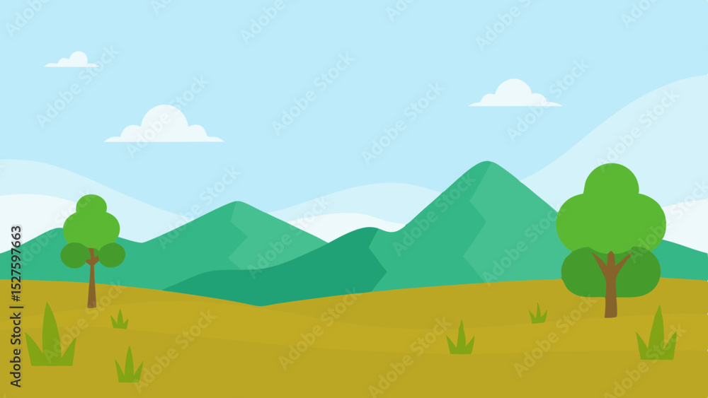 Fototapeta premium Simple Minimalist Cartoon Landscape with Distant Mountains Vector Illustration Background