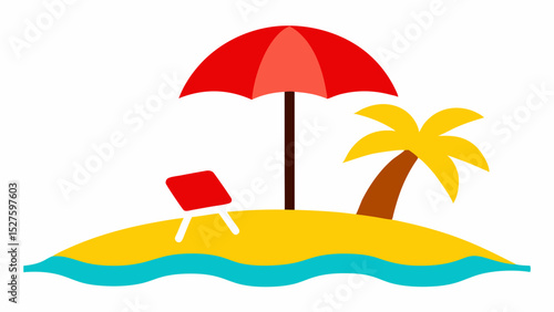 Idyllic Sandy Beach with Palm Trees Ocean Waves and a Distant Island Vector Illustration Background