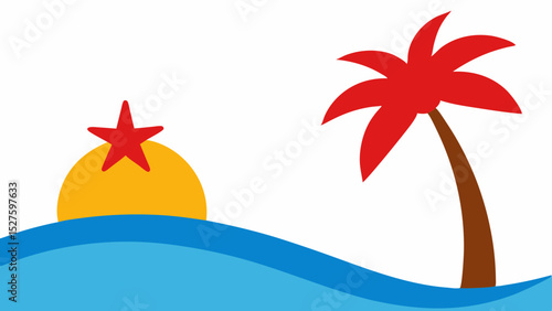 Beautiful Sunny Coastal View with a Bent Coconut Tree and Calm Sea Vector Illustration Background