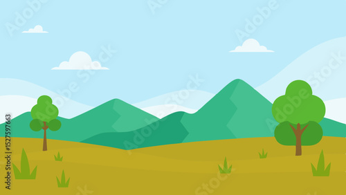 Simple Minimalist Cartoon Landscape with Distant Mountains Vector Illustration Background