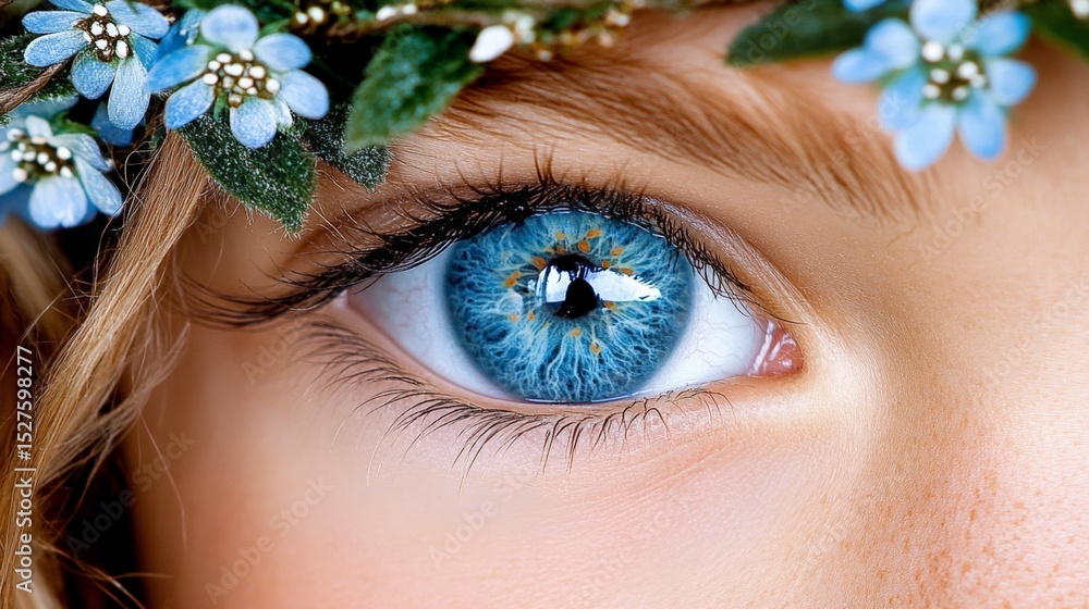 Close-up of a young woman's blue eye with floral accessories in her hair Close-up of a young woman's blue eye with floral accessories in her hair