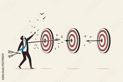 Completed multiple tasks with single action, business advantage or efficiency to success and achieve many targets with small effort, smart businessman archery hit multiple bullseye with single arrow.