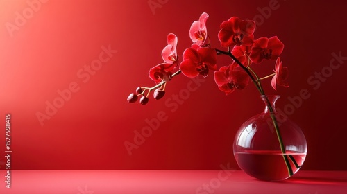 A red orchid branch is placed in a transparent glass vase on a red background. Adorn the space with vibrant flowers.