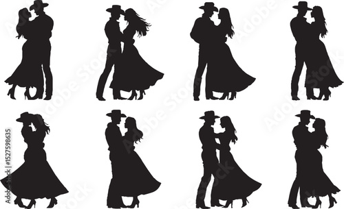 Silhouetted cowboys and cowgirls romantic dancing couples western themed vector illustrations