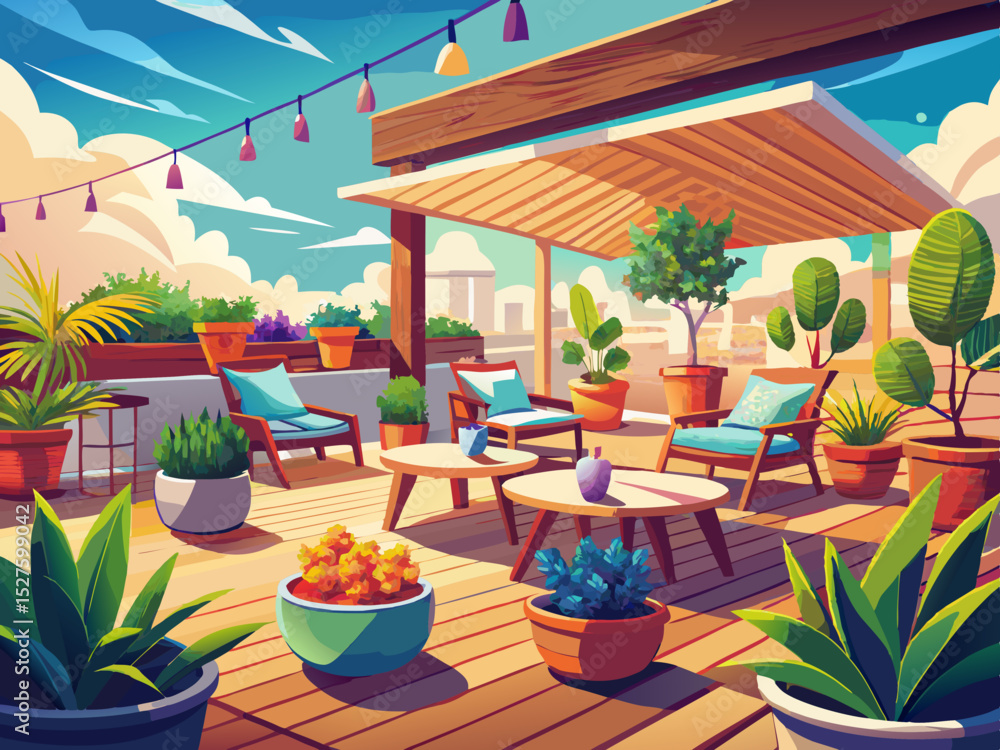 Obraz premium vector of Cozy roof terrace with comfortable chairs and plants in beautiful wooden pots...
