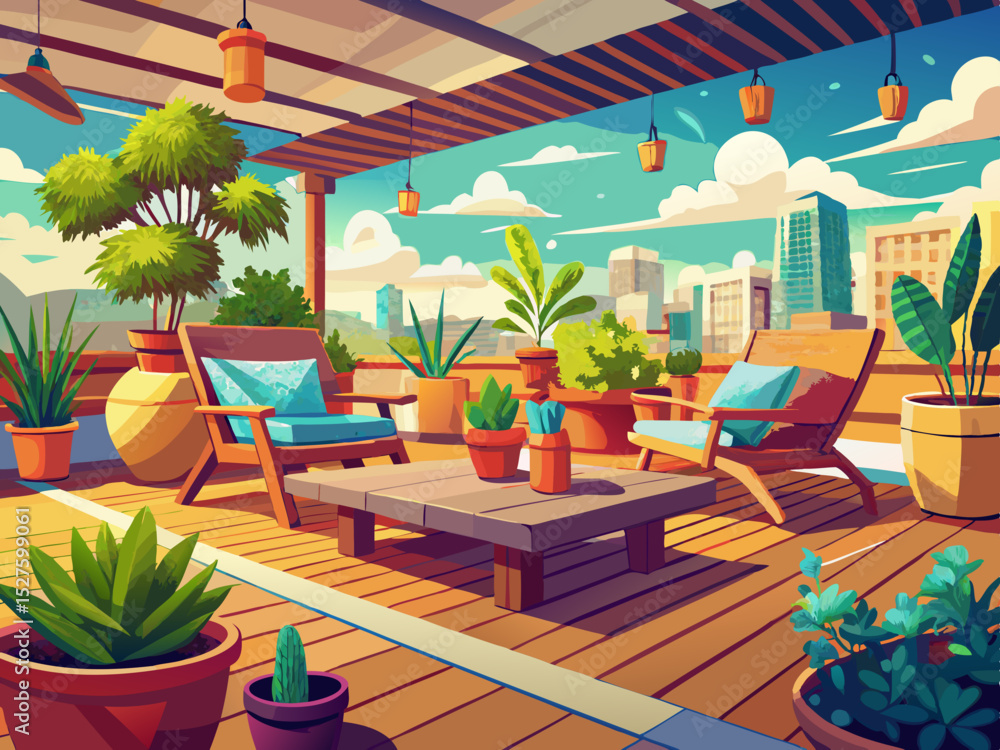 Fototapeta premium vector of Cozy roof terrace with comfortable chairs and plants in beautiful wooden pots...