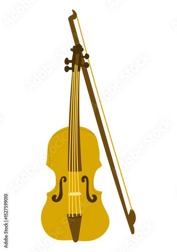 Flat vector illustration of a violin with a bow in a warm brown and yellow color scheme. Represents classical music, string instruments and artistic expression in elegant design