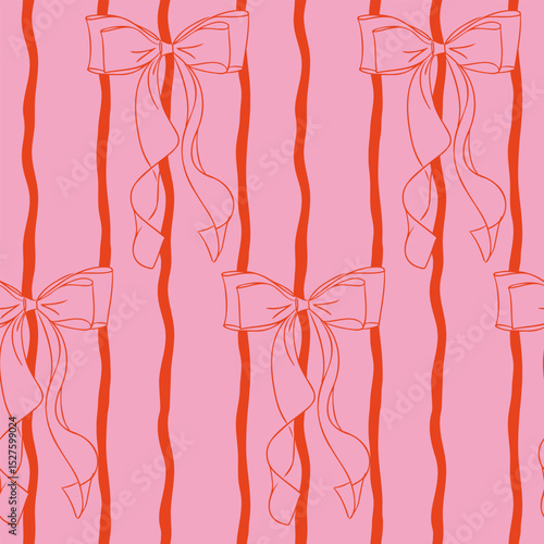 Seamless pattern of hand drawn bows and wavy vertical stripes in pink and red tones. Represents feminine charm, vintage elegance and decorative textile design