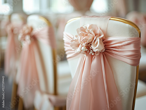 Elegant wedding chairs adorned with soft pink fabric and floral decorations create romantic atmosphere. delicate arrangement enhances venue charm and sophistication