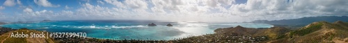 Panoramic view of famous Lanikai Beach in Kailua on the island of Oahu, Hawaii, USA with Mokulua Islands or Twin Islands against blue sky with clouds