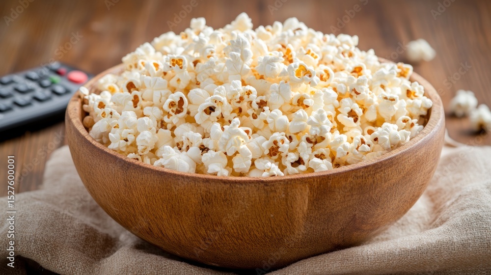 A wooden bowl of popcorn and remote control in the background the TV works. A wooden bowl of popcorn and remote control in the background the TV works.