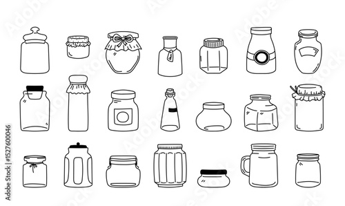Collection of hand-drawn jars kitchen utensils for storage canning food preserves isolated on white
