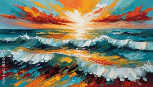 Vibrant Abstract Seascape Painting with Dynamic Waves and Colorful Sky at Sunset