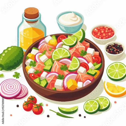 A vibrant ceviche bowl with salmon lime and toppings arranged with oil dip and spices