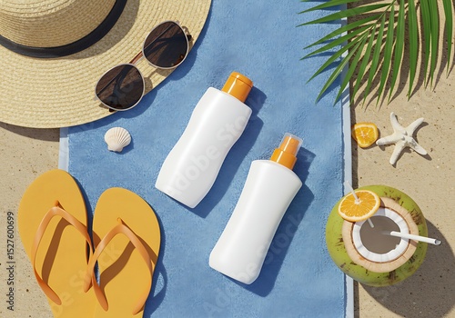 Beach Essentials Sunscreen, Sunglasses, and Refreshments on Sandy Towel