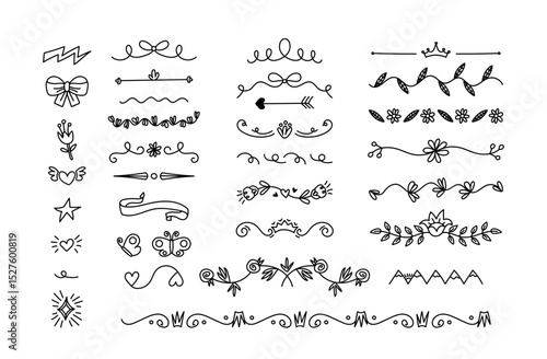 Page borders and dividers hand drawn doodle sketch set with charming symbols and decorations