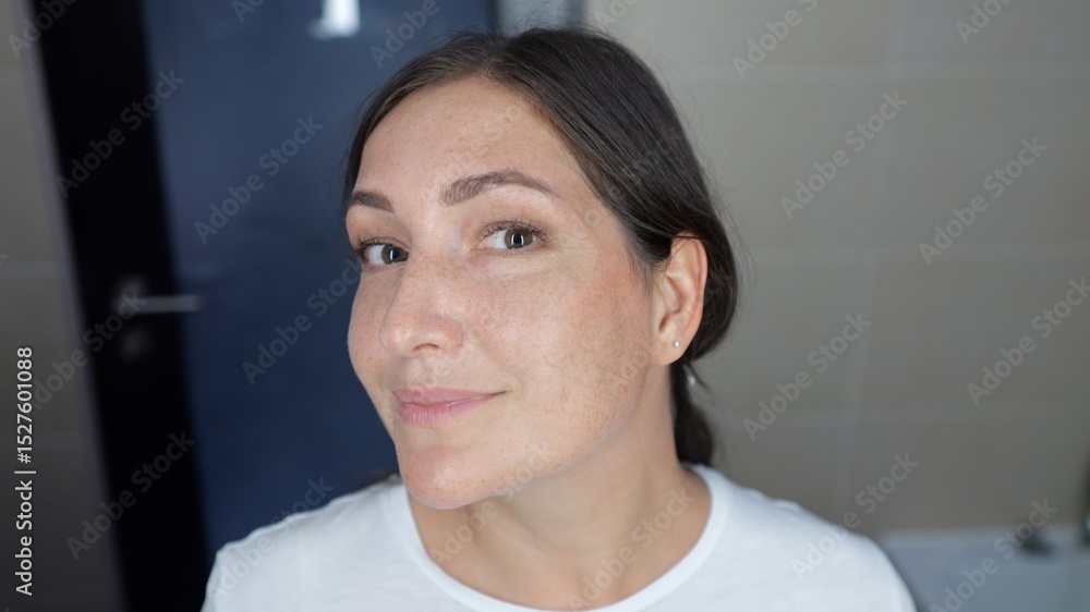 Woman applying face cream in hotel bathroom Woman applying face cream in hotel bathroom