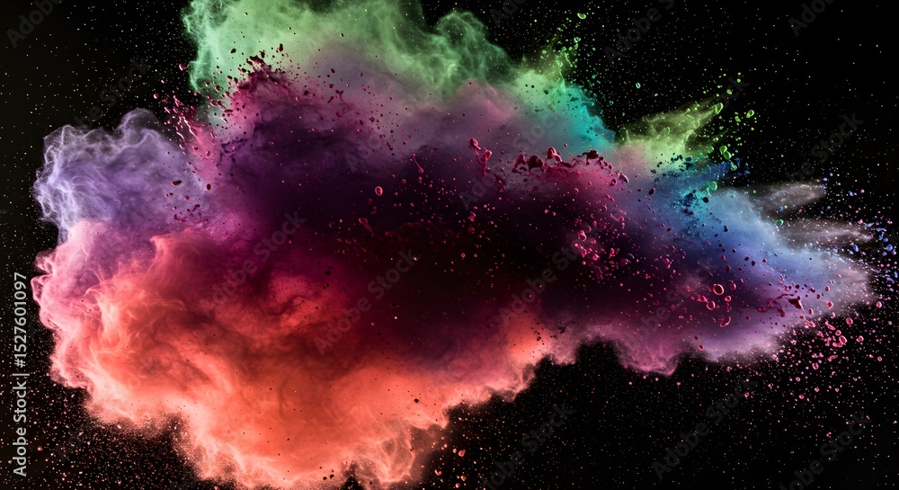 Fototapeta premium Colorful Powder Cloud Exploding with Red Purple Green Dust on Black