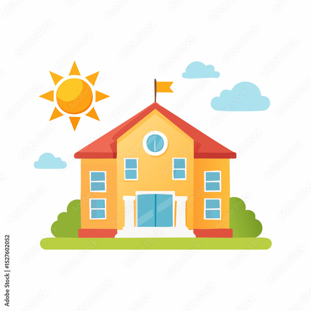 Fototapeta premium School Building Illustration: A cheerful illustration of a school building under a bright sun, symbolizing education, learning, and childhood.