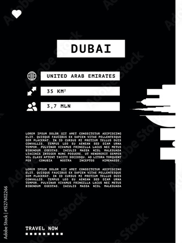 Dubai, UAE vector infographics, brochure black and white layout. Guide, leaflet, flyer, graphic template with text, information, skyline contour. Page, festival, cover mock up image