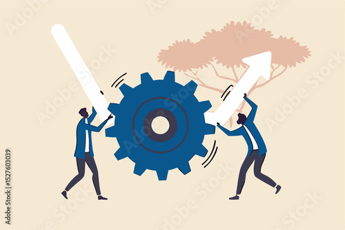 Business transformation or improvement, execution workflow to increase productivity and efficiency, investment profit concept, businessman partner help rotate gear cogwheel to make arrow rising up.