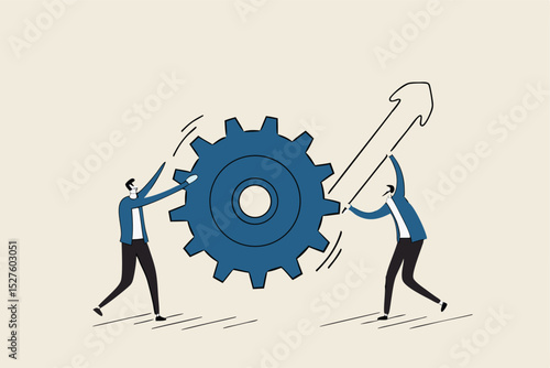 Business transformation or improvement, execution workflow to increase productivity and efficiency, investment profit concept, businessman partner help rotate gear cogwheel to make arrow rising up.