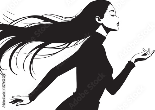 Silhouette of a woman with long flowing hair reaching out with open hand design.