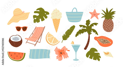 Summer vacation at tropical island resort icons set with lounge area accessory and drinks, snacks