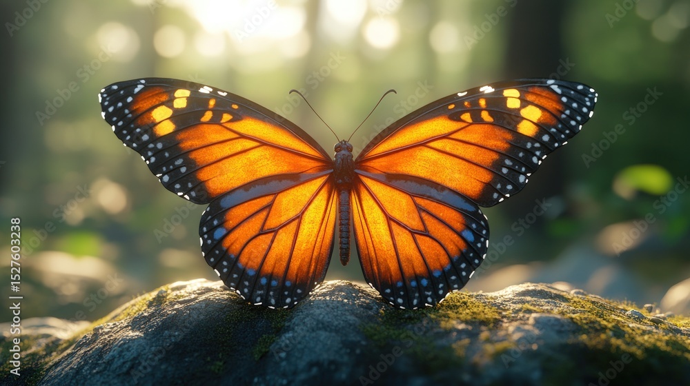 Fototapeta premium Monarch butterfly resting on a mossy rock, bathed in sunlight