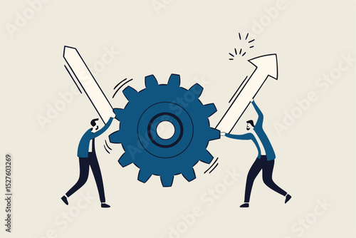 Business transformation or improvement, execution workflow to increase productivity and efficiency, investment profit concept, businessman partner help rotate gear cogwheel to make arrow rising up.
