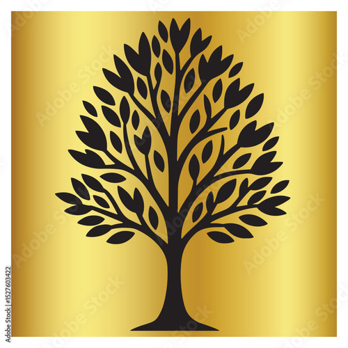 Elegant black tree silhouette illustration on a golden gradient background suitable for logos
