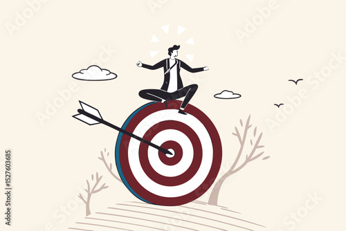 Stay focused and concentrate on business objective, goal or target, relax meditation to eliminate distraction concept, peaceful businessman meditate sitting and focusing on big archer target.