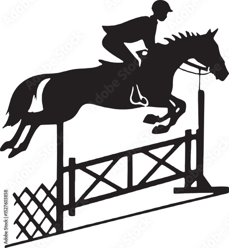 Silhouette of a horse and rider jumping over a crossbar fence. Great for rodeo or training visuals.