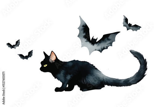 Halloween black cat with flying bats on white background, watercolor illustration