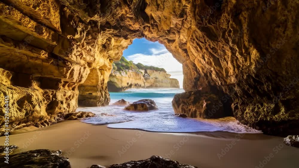 custom made wallpaper toronto digitalOcean Waves Crashing on Beach Rocks Seen from Cave Entrance with Light Blue Sky