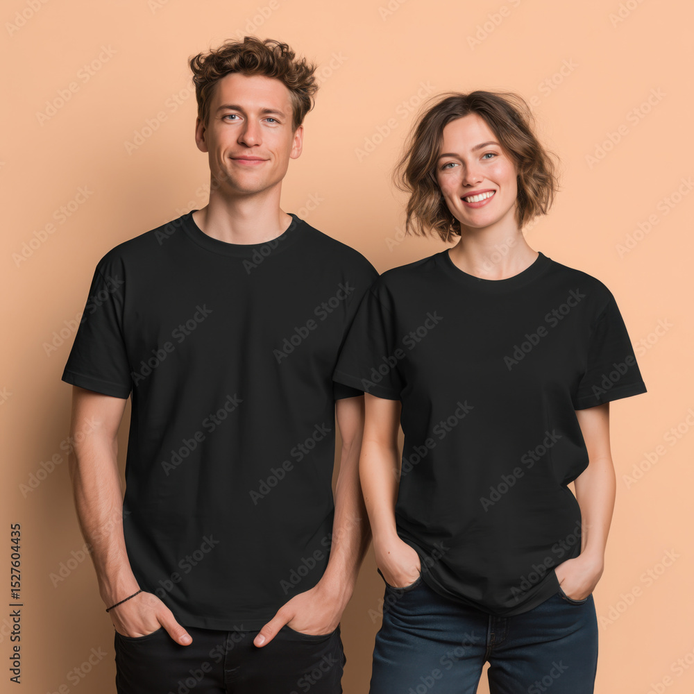 Fototapeta premium Young models, couple matching black t-shirt mockup. Woman and man, wife with husband, girlfriend and boy friend, adult brother and sister. Crewneck short sleeve tee mockup. Family holiday mockup