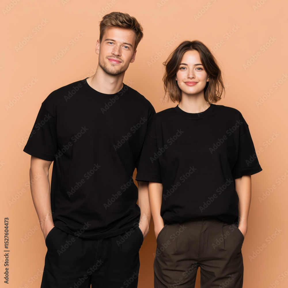 Fototapeta premium Young models, couple matching black t-shirt mockup. Woman and man, wife with husband, girlfriend and boy friend, adult brother and sister. Crewneck short sleeve tee mockup. Family holiday mockup