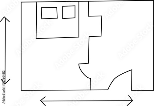 Simple Floor Plan Layout with Room Measurements and Arrows Indicating Architectural Dimensions and Interior Design Concepts