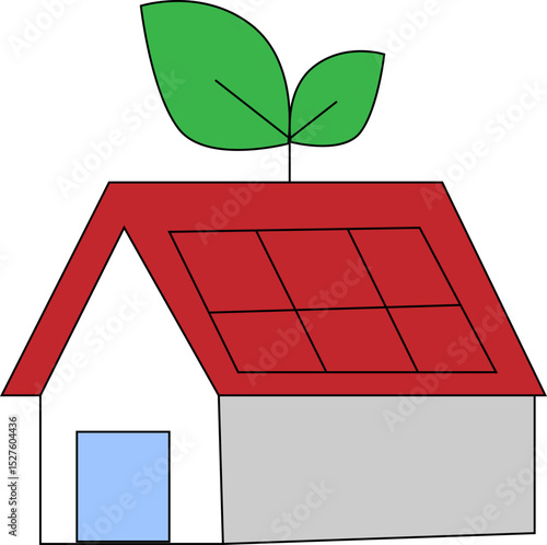 Eco-Friendly Green House Illustration with Solar Panels and Leaf Roof Symbolizing Renewable Energy and Sustainability