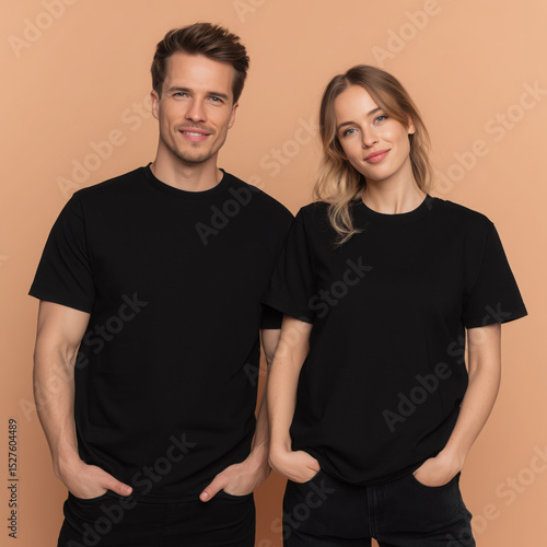 Young models, couple matching black t-shirt mockup. Woman and man, wife with husband, girlfriend and boy friend, adult brother and sister. Crewneck short sleeve tee mockup. Family holiday mockup