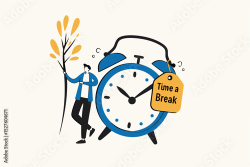 Time to take a break, coffee break time to relax and refresh from long stress interval, free from bored, sleepy and fatigue concept, relax businessman with a cup of coffee or tea with alarm clock.