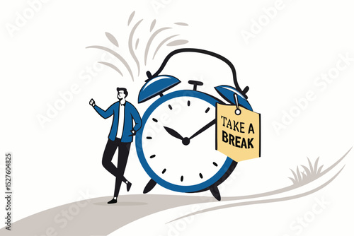 Time to take a break, coffee break time to relax and refresh from long stress interval, free from bored, sleepy and fatigue concept, relax businessman with a cup of coffee or tea with alarm clock.