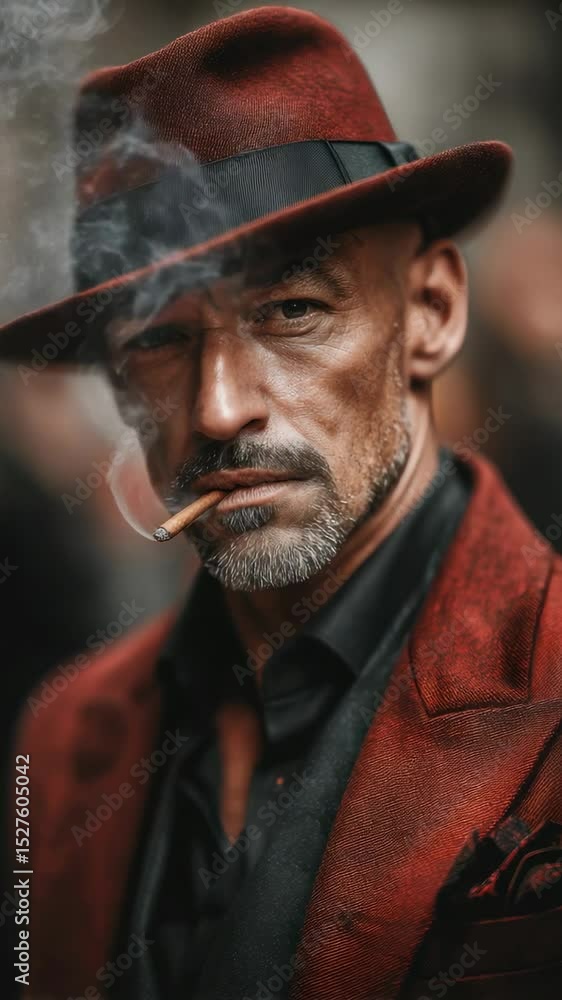 Man in red suit and hat smokes a cigarette on a busy street in an urban setting during the evening twilight Man in red suit and hat smokes a cigarette on a busy street in an urban setting during the evening twilight
