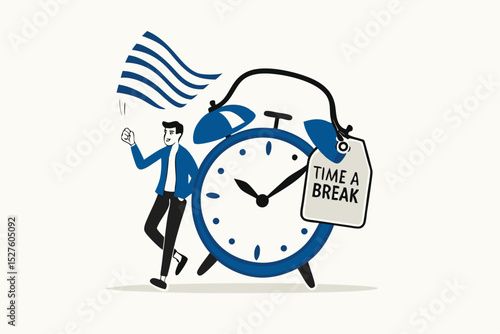 Time to take a break, coffee break time to relax and refresh from long stress interval, free from bored, sleepy and fatigue concept, relax businessman with a cup of coffee or tea with alarm clock.