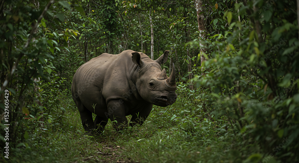 Naklejka premium Rhino in Lush Green Jungle Habitat