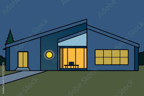 Modern House Design Nighttime Architectural Illustration
